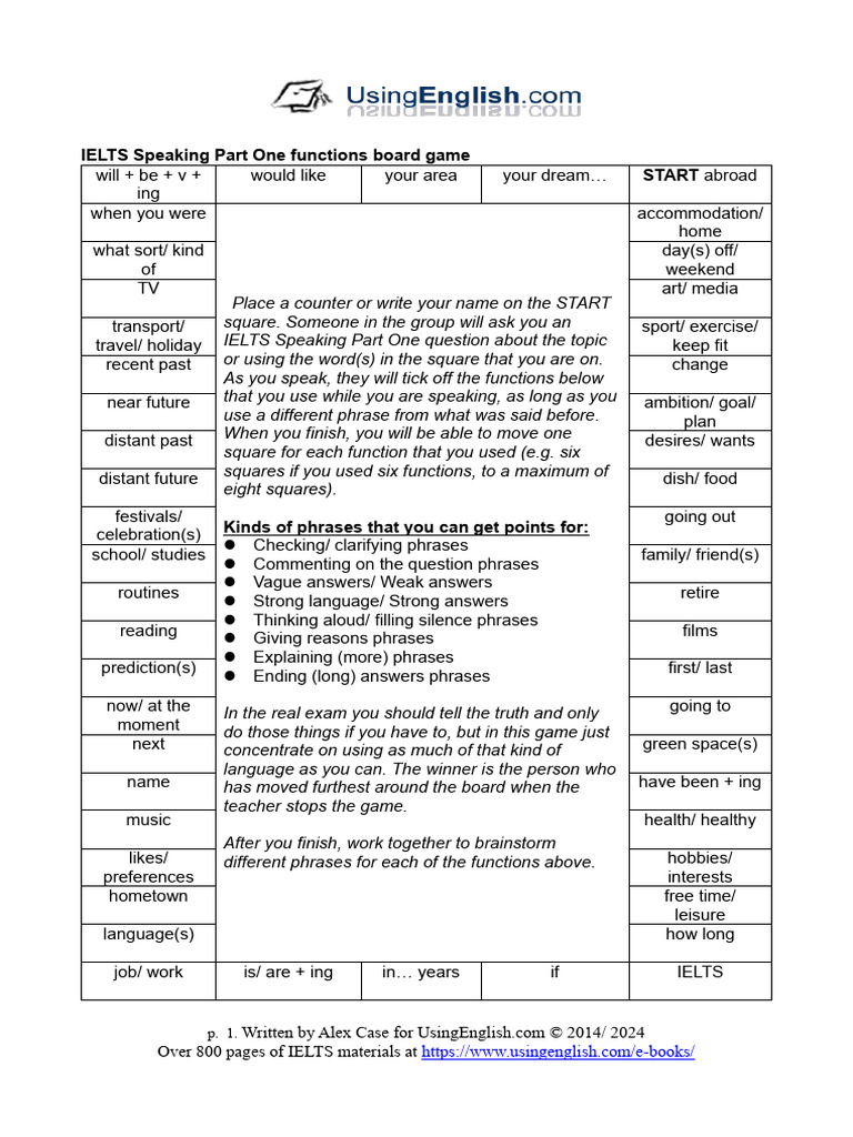 Ielts Speaking Part One Board Game Useful Language | PDF