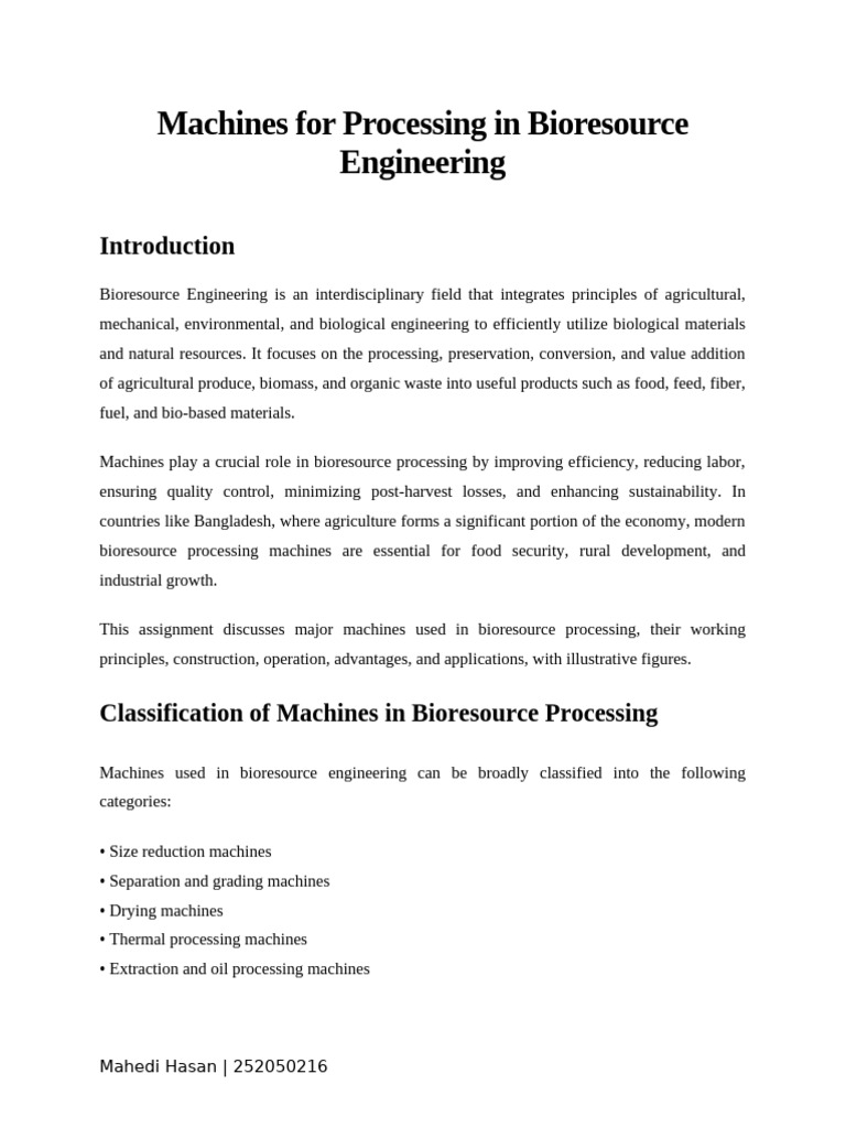 Machines For Processing in Bioresource Engineering | PDF
