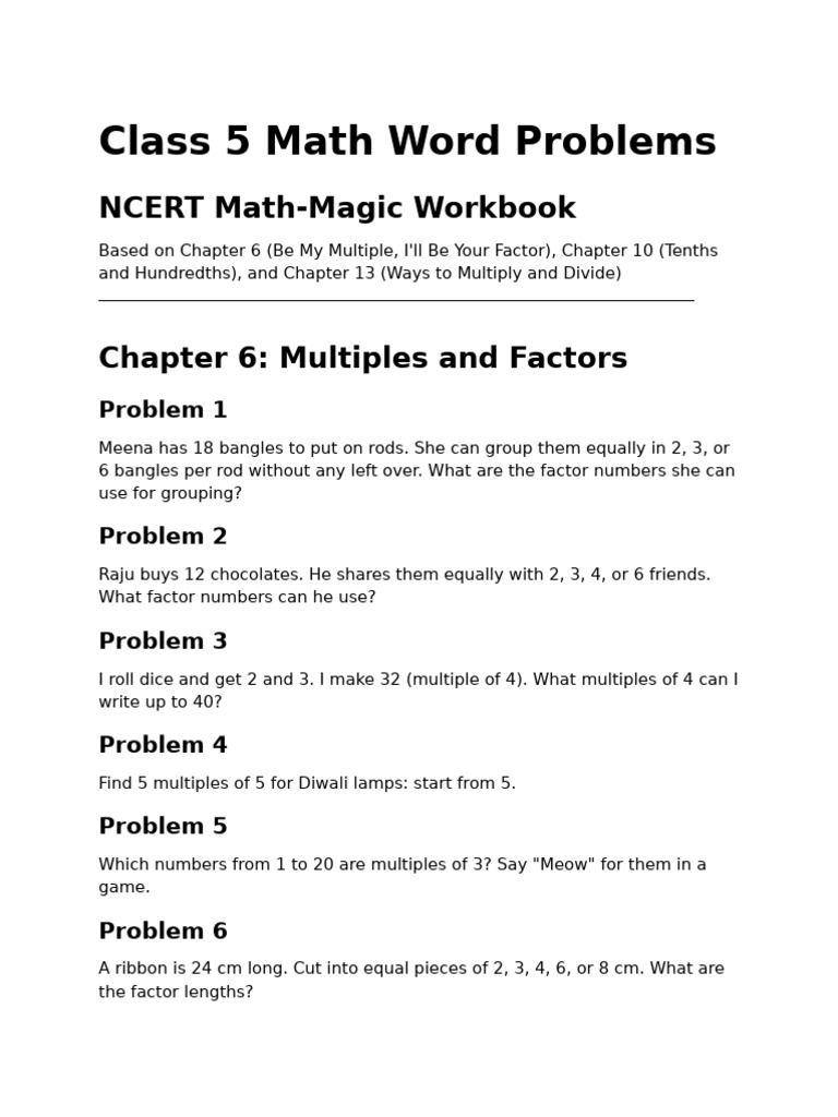 Class 5 Math Word Problems: NCERT Math-Magic Workbook | PDF