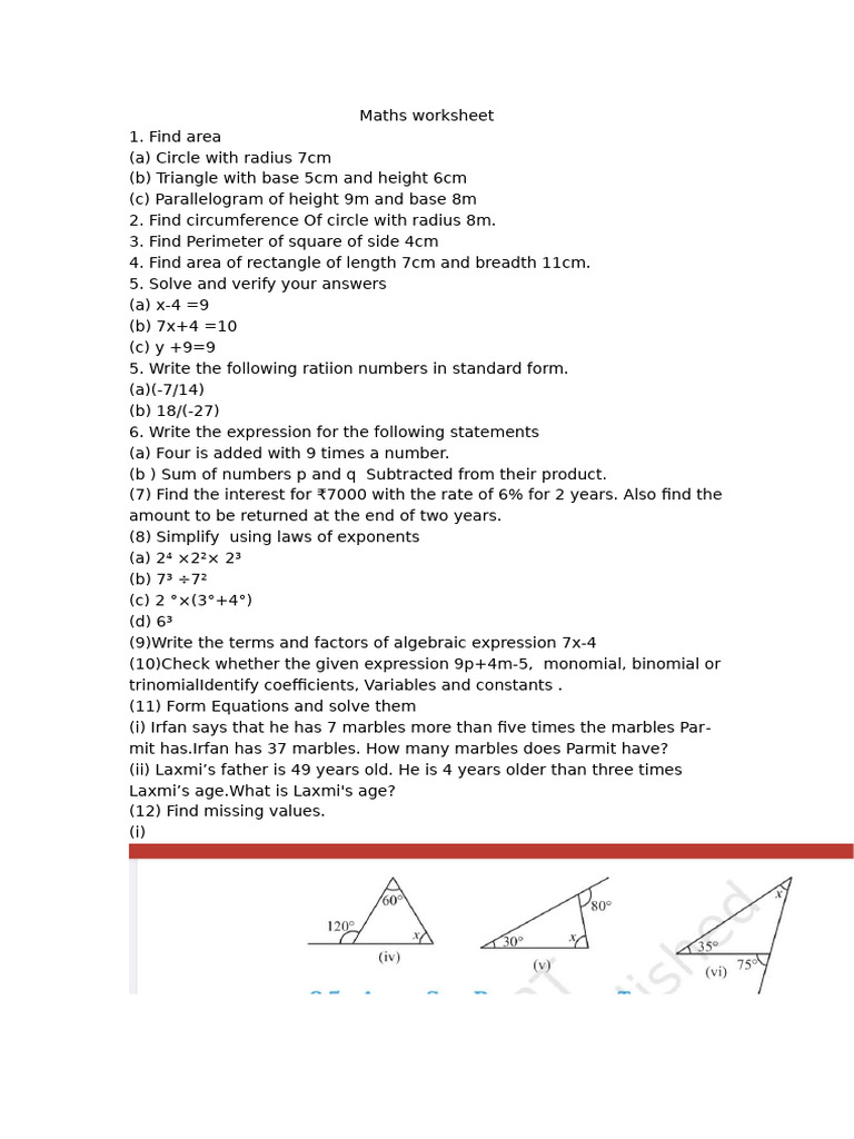 Maths Worksheet Class 7 | PDF