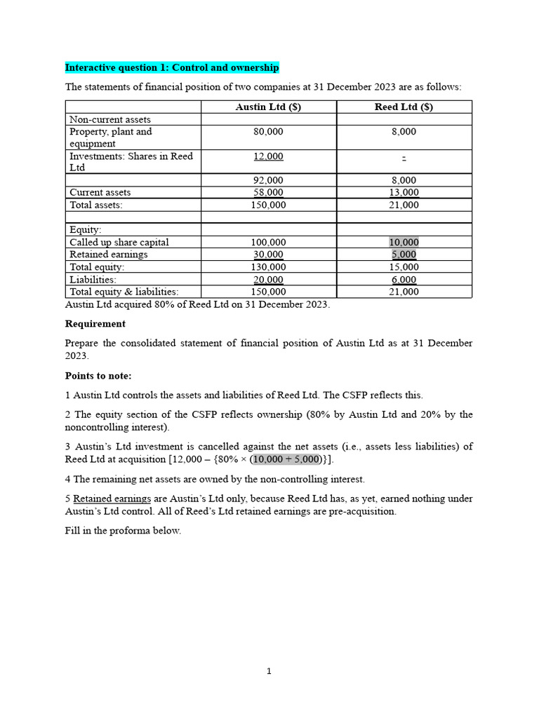 Exercises - Chapter 10 Group Accounts - Basic Principles | PDF