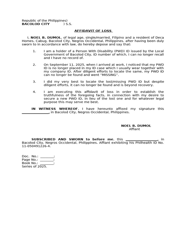 Affidavit of Loss-Dumol (PWD ID) | PDF