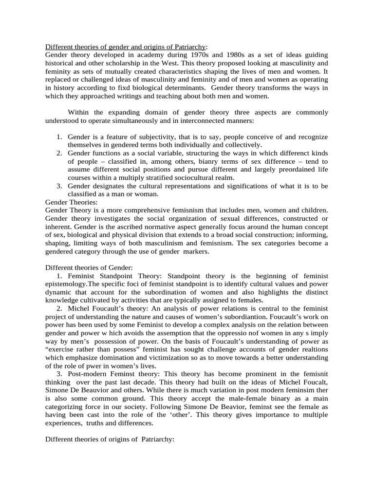 Different Theories of Gender and Origins of Patriarchy | PDF