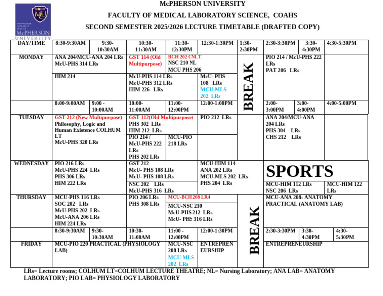 Second Semester 2025-2026 Timetable (Draft) | PDF