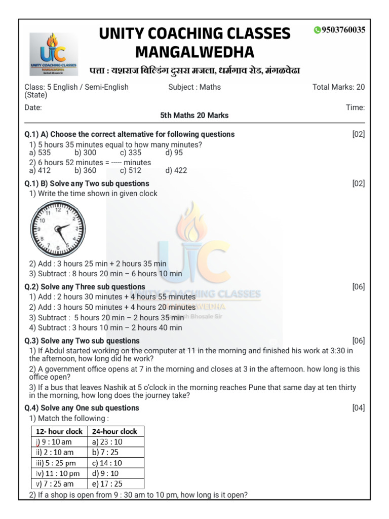 Class 5 (Measuring Time) | PDF