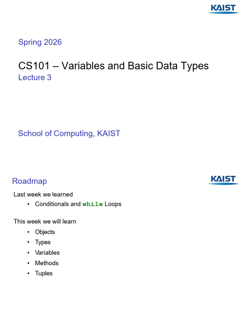CS101 Variables and Basic Data Types: Spring 2026 | PDF