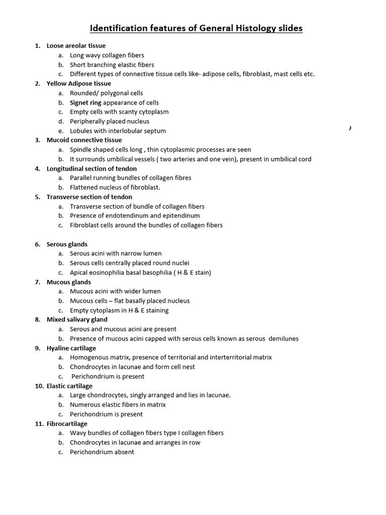 Identification Features of Histology Slides | PDF