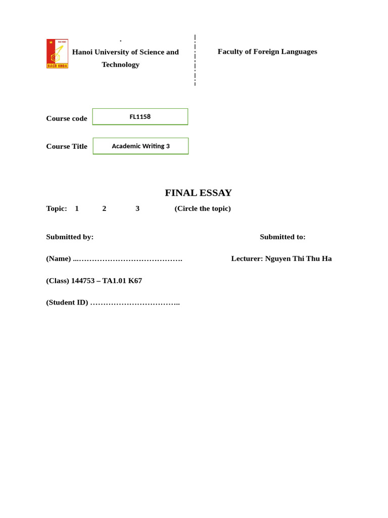 Final Essay - Cover Page and Format Instructions | PDF