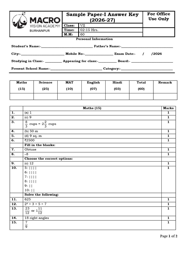 VII Sample Paper-I Answer Key | PDF
