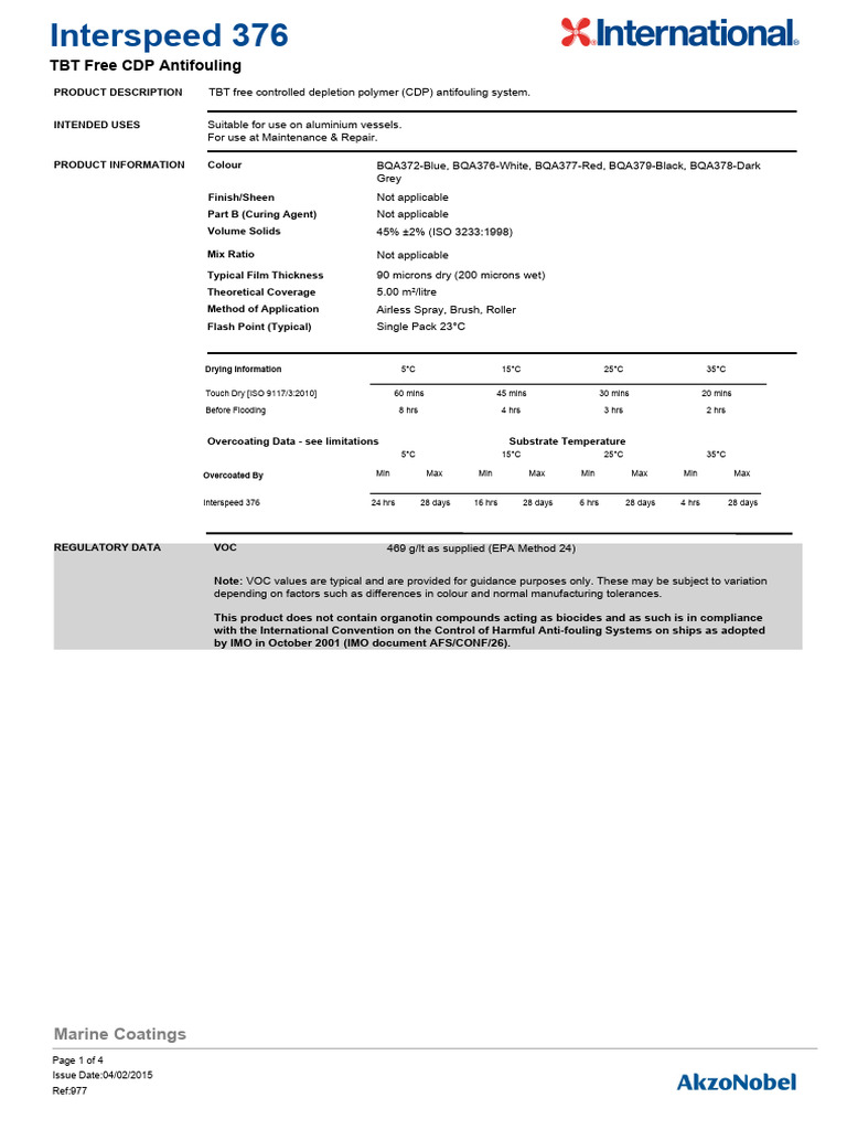 Interspeed 376 Antifouling For Aluminum Vessel | PDF