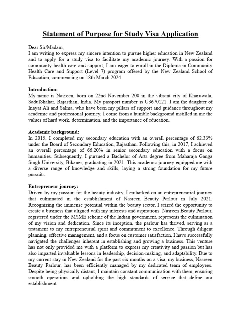 Statement of Purpose For Study Visa Application | PDF