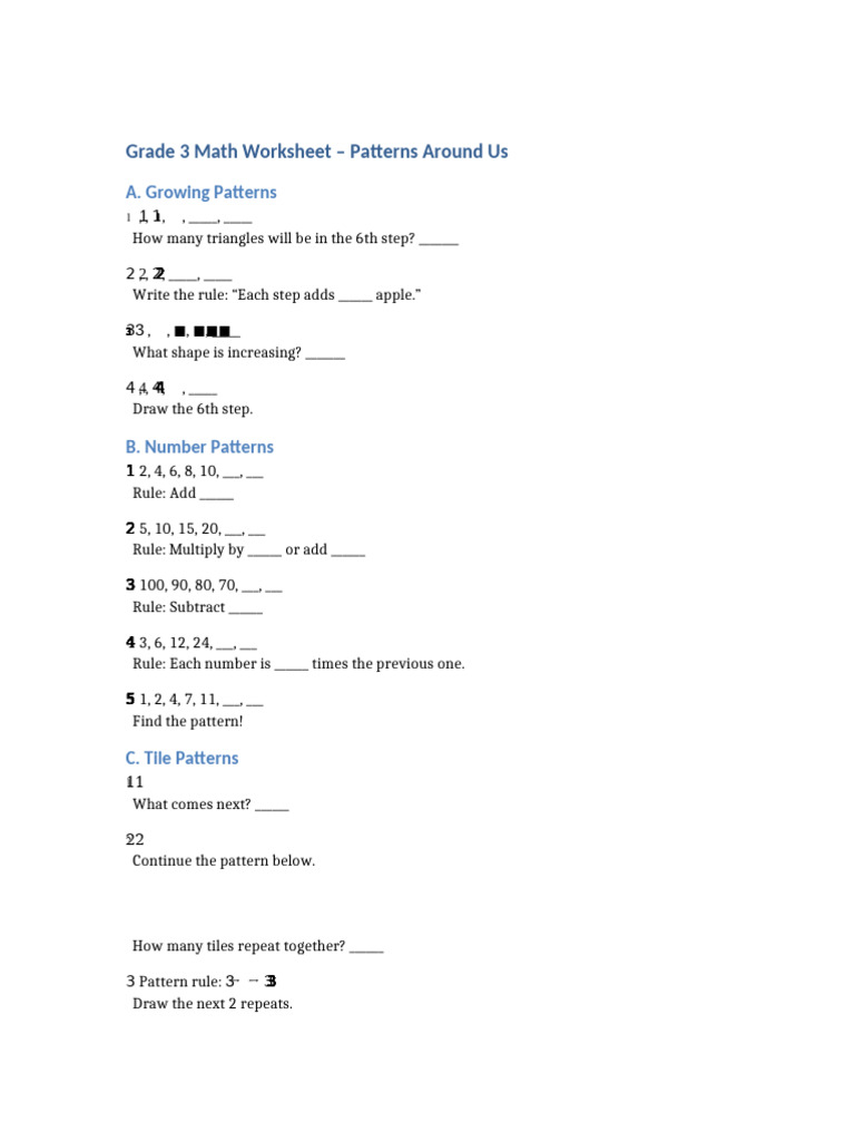 Grade3 Math Patterns Worksheet | PDF