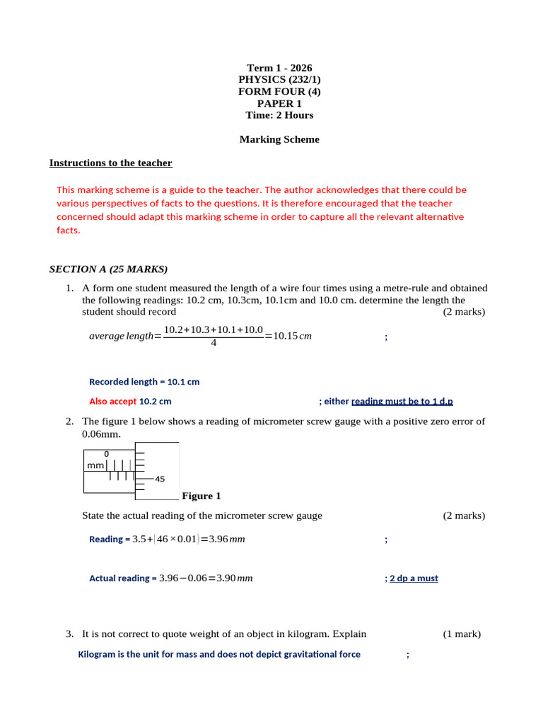 Physics Form 4 Paper 1 - Marking Scheme | PDF