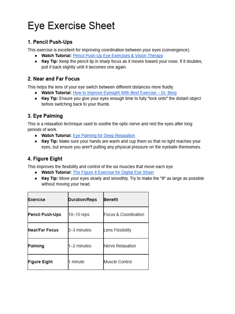 Eye Exercise Sheet | PDF