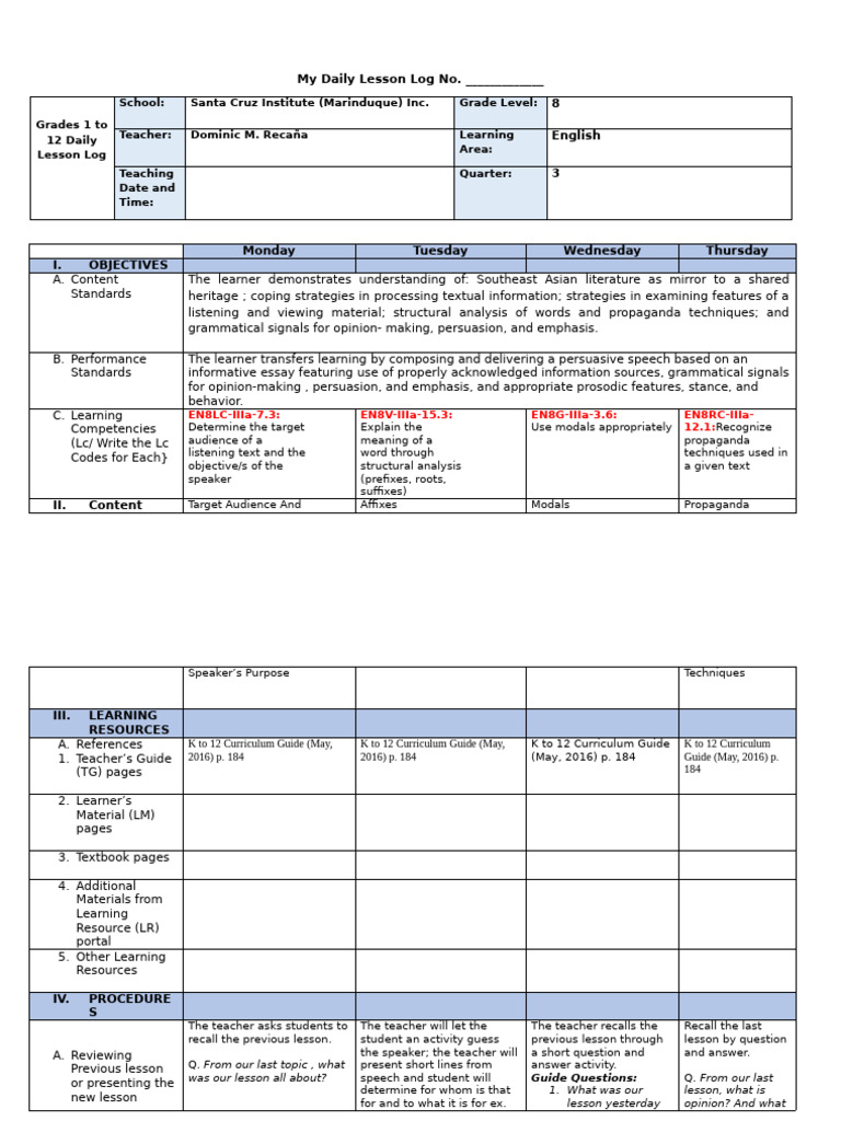 Weekly Lesson Plan Dominic Week 1 | PDF