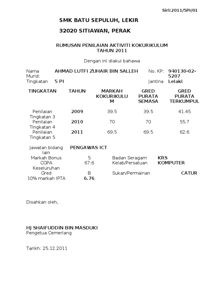 CONTOH SIJIL KOKURIKULUM 2020 CONTOH SIJIL KOKURIKULUM 2020