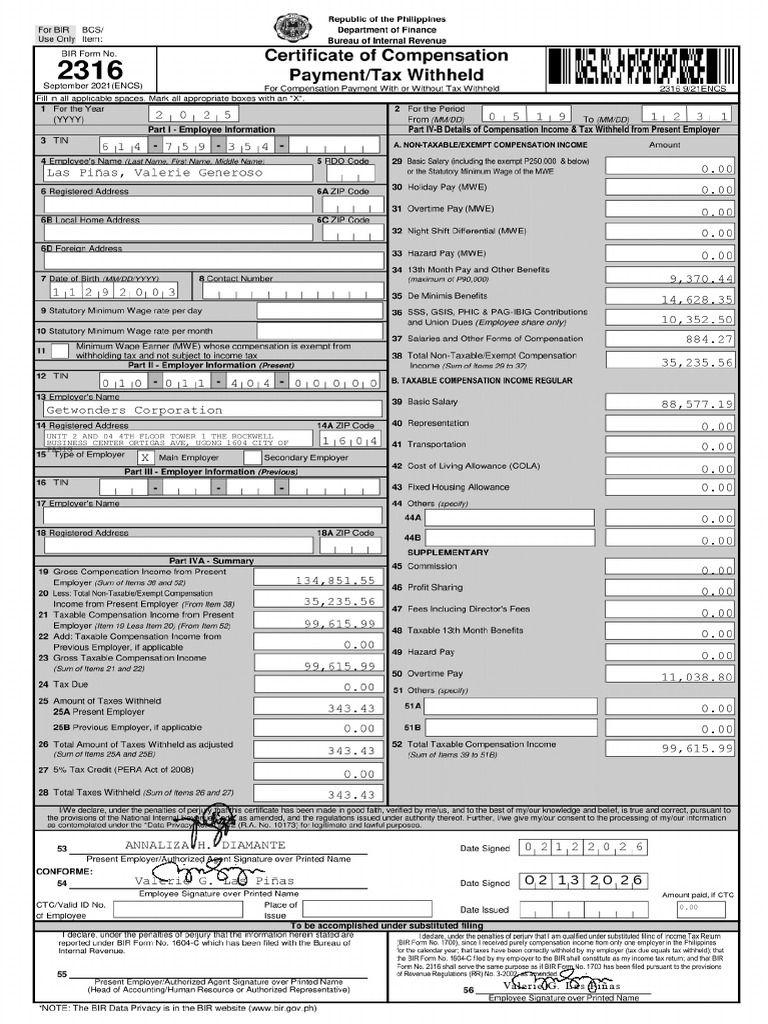 2025 Bir Form 2316 - 6943 | PDF