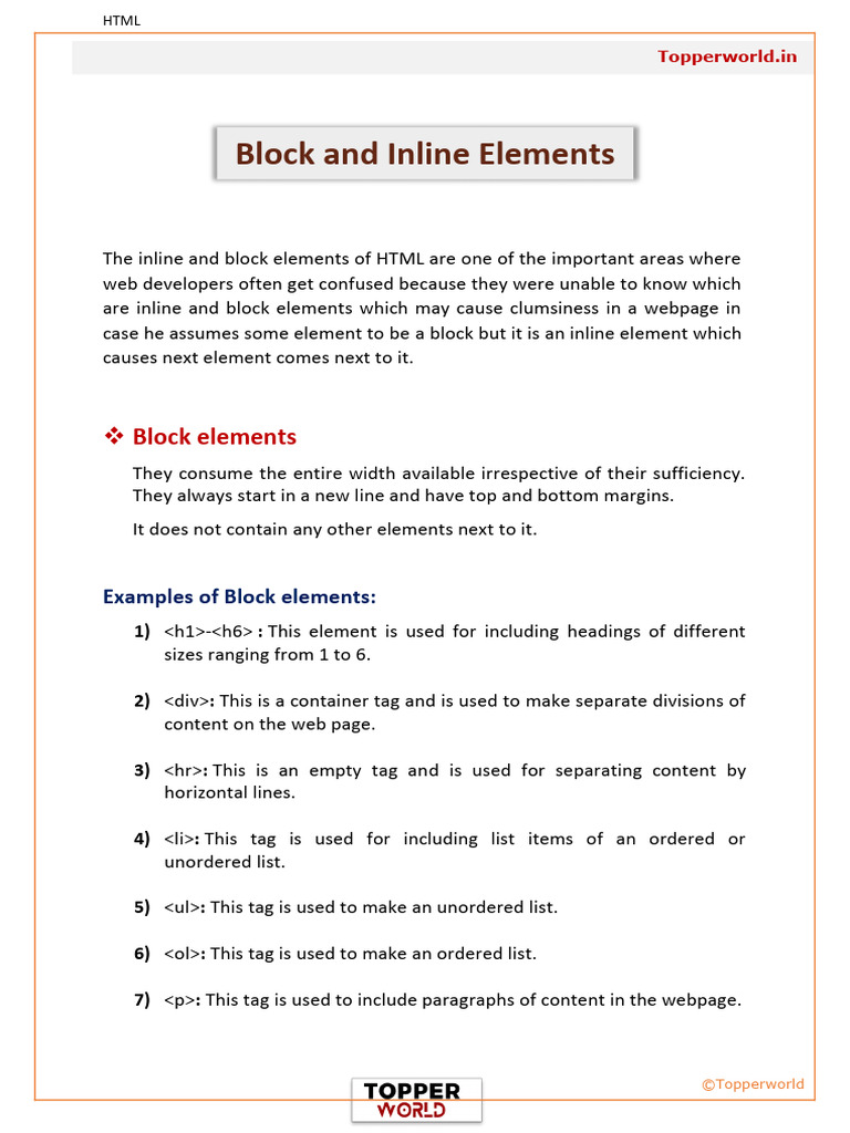 Block and Inline Elements | PDF | Html Element | Html