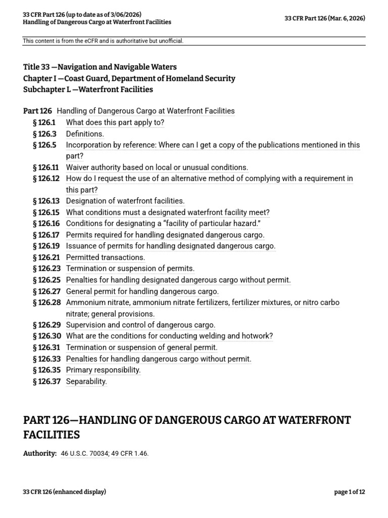 33 CFR Part 126 (Up To Date As of 3-06-2026) | PDF