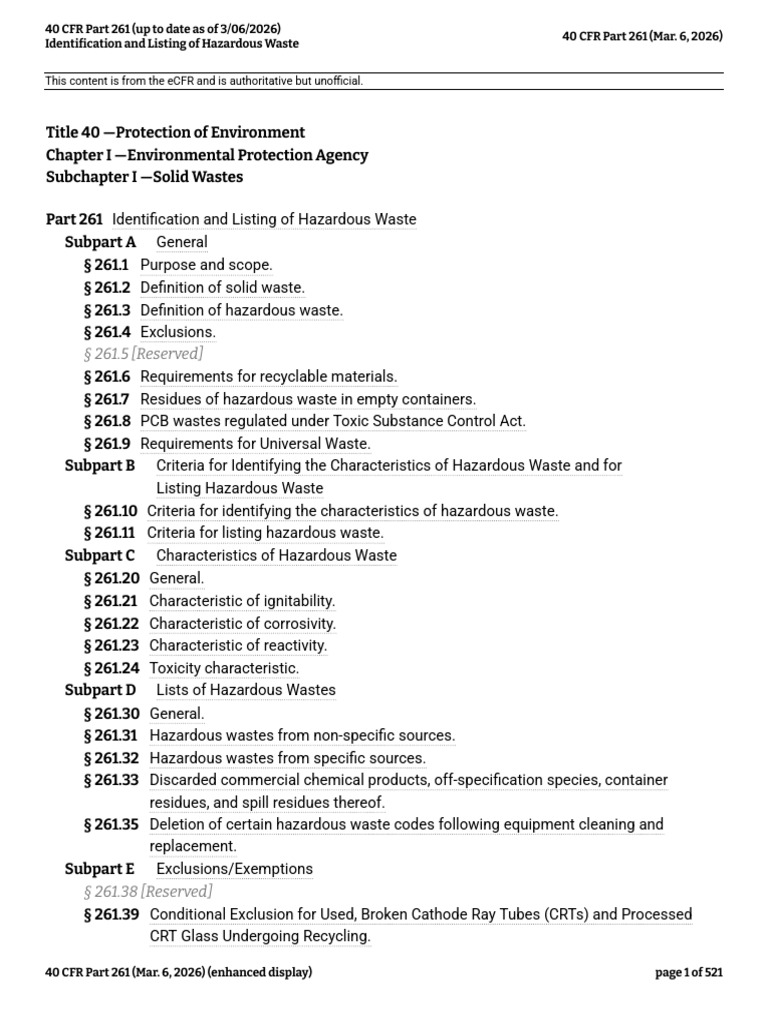 40 CFR Part 261 (Up To Date As of 3-06-2026) | PDF