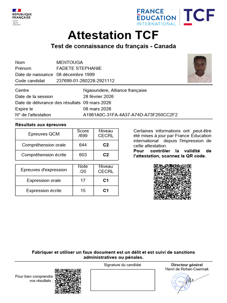 Attestation TCF: Test de Connaissance Du Français - Canada | PDF
