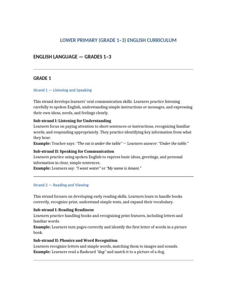 Lower Primary English Curriculum Annotated | PDF