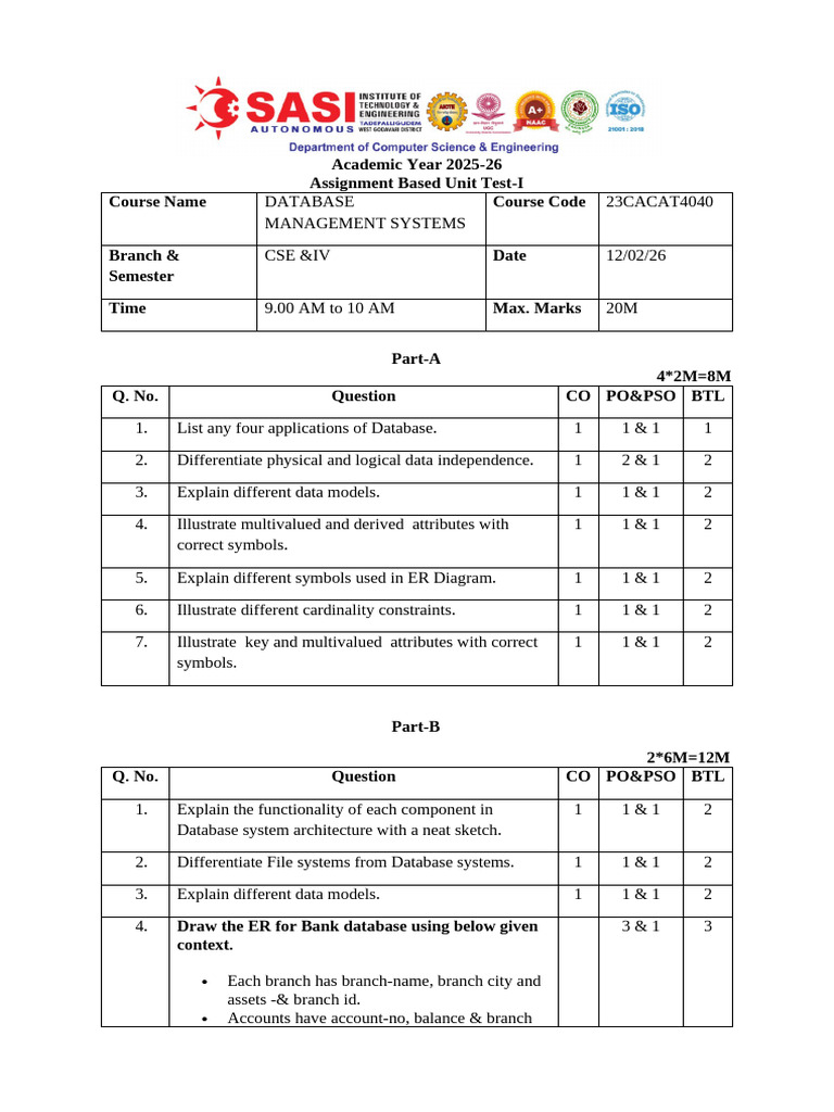 Assignment Based Unit Test Question Paper Format (Krishna Murthy B's ...