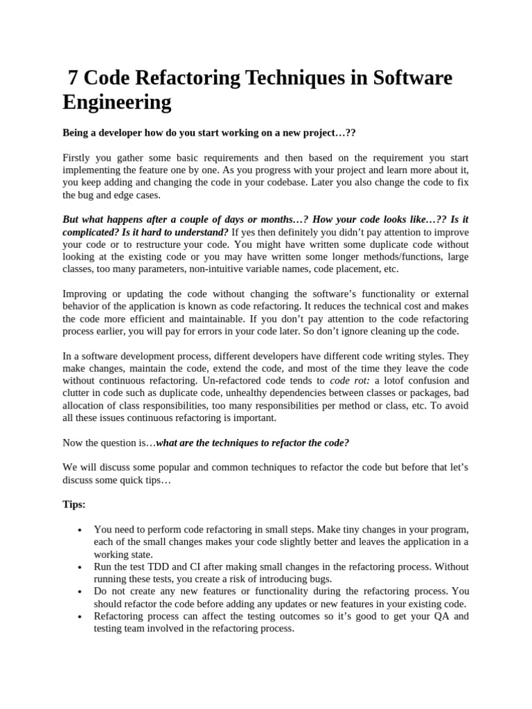 7 Code Refactoring Techniques in Software Engineering | PDF