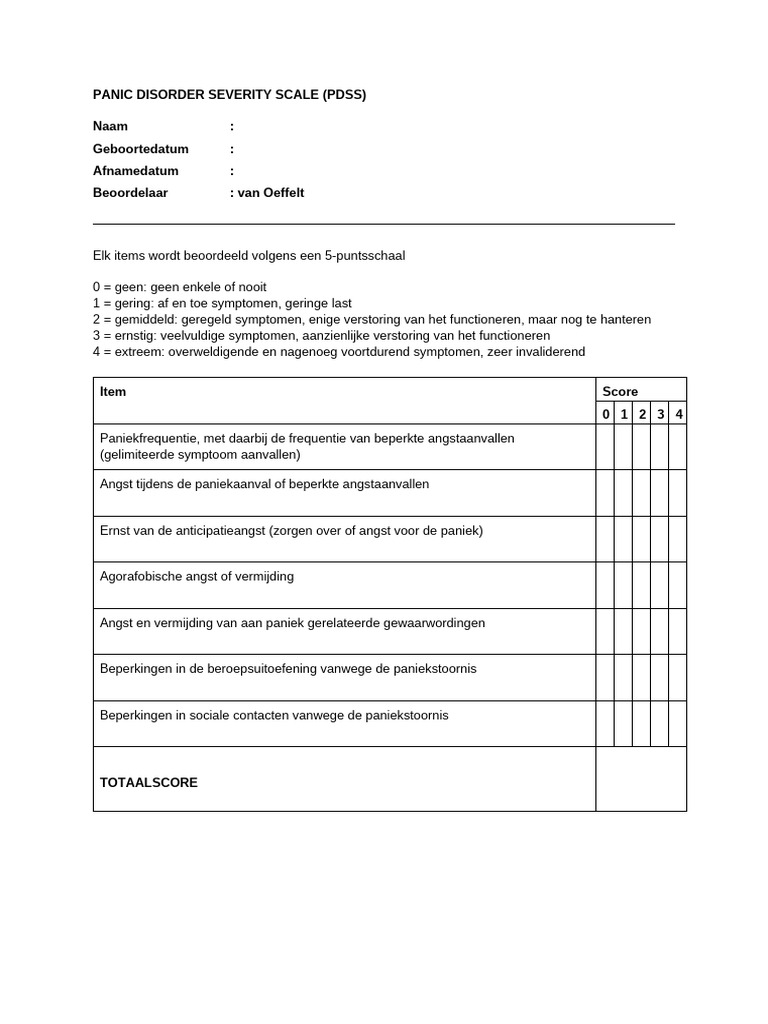 PDSS Scoreformulier | PDF