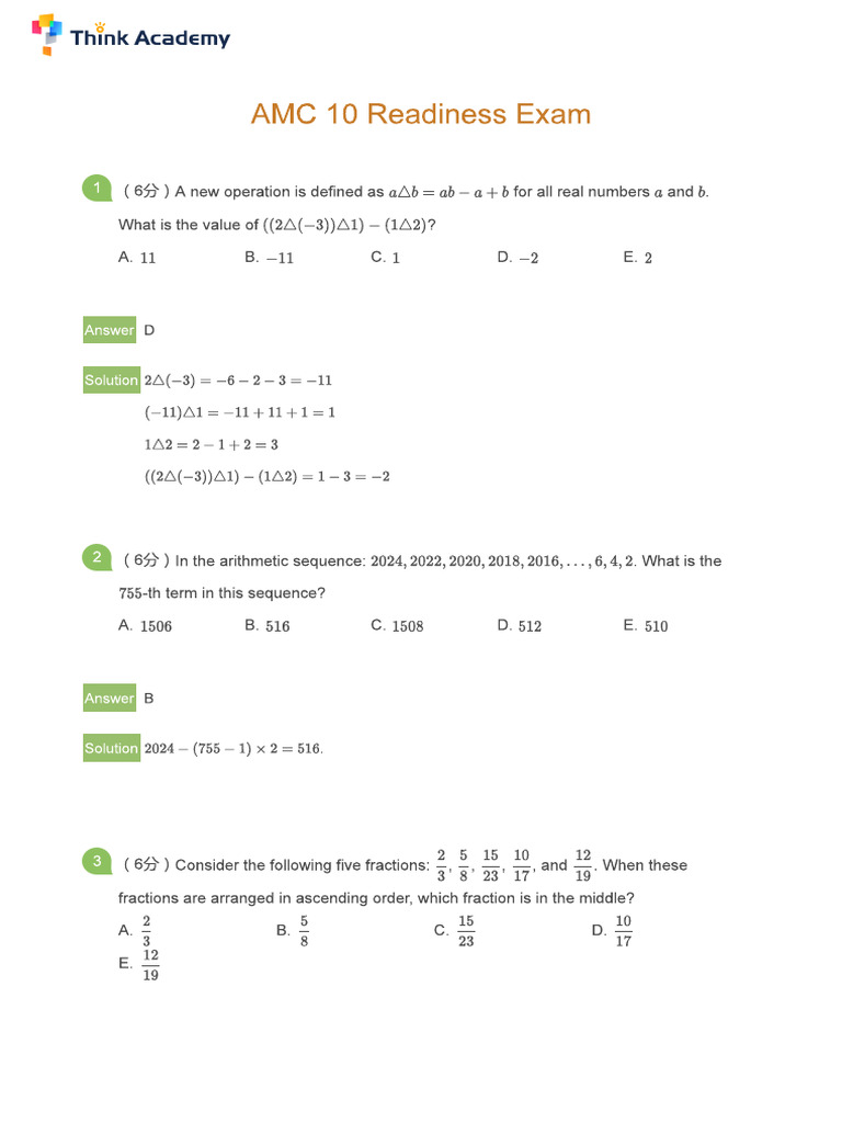 (Solutions) AMC 10 Readiness Exam | PDF