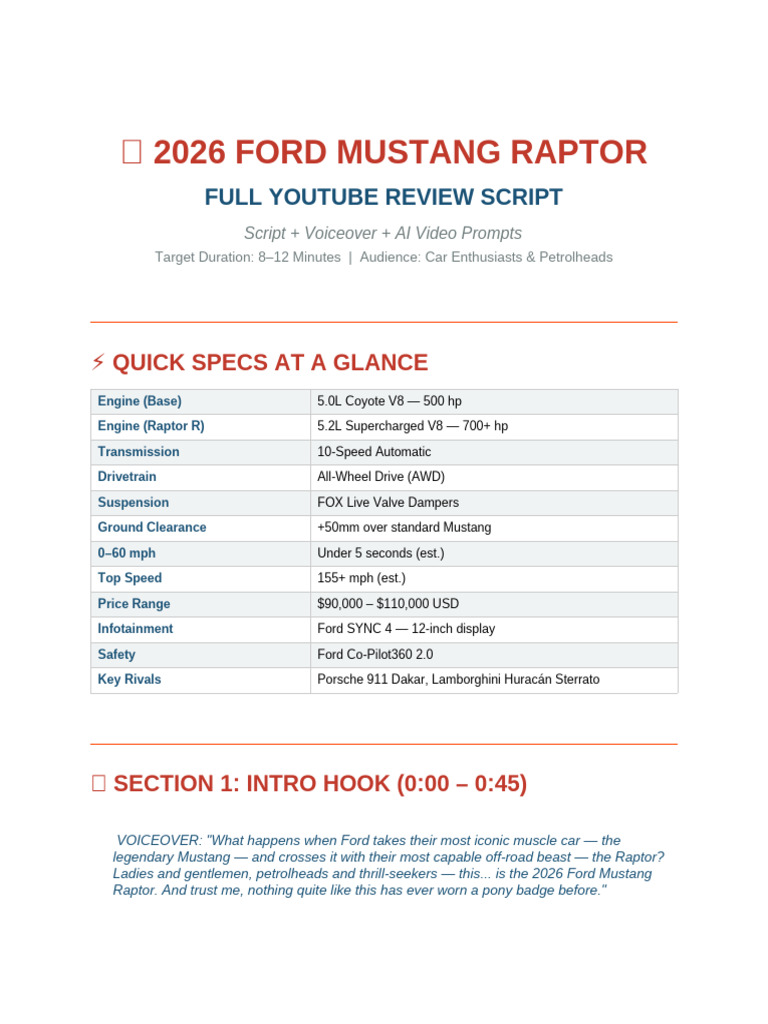 2026 Ford Mustang Raptor YouTube Script | PDF