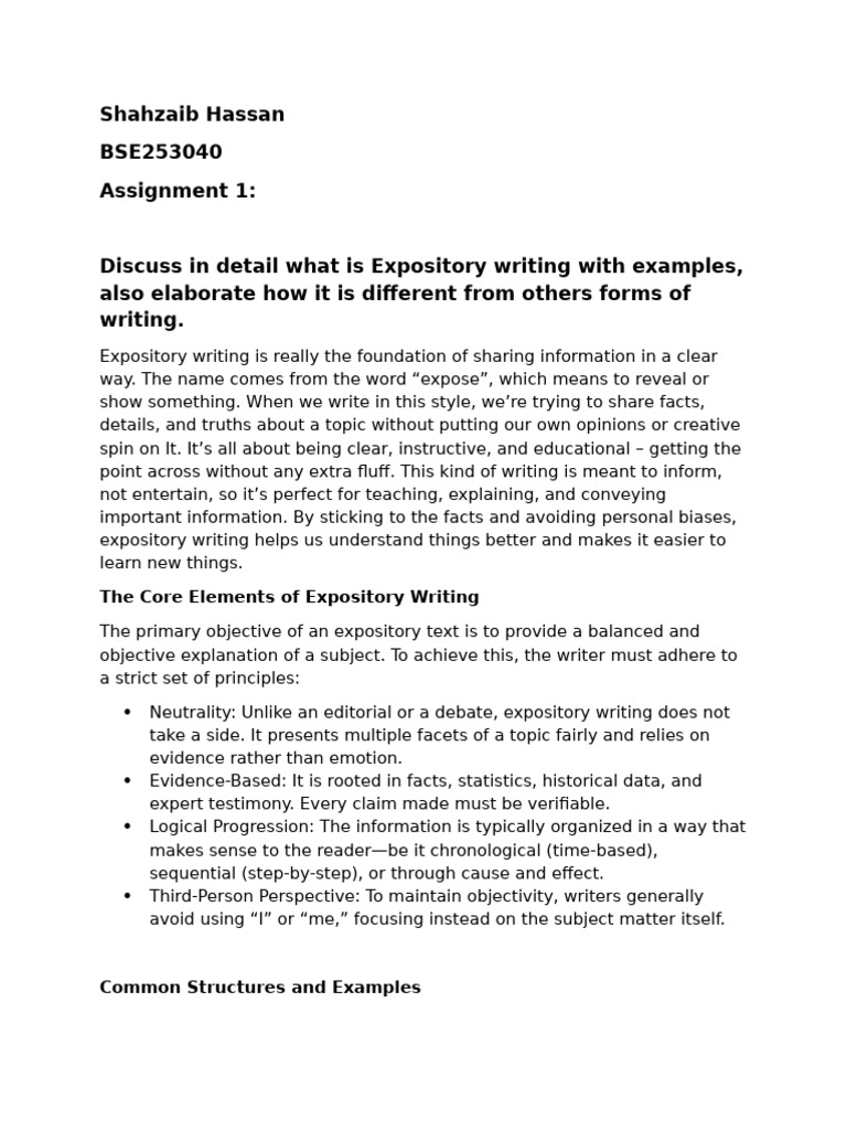 Expository Writing Assignment 1 Shahzaib Hassan | PDF