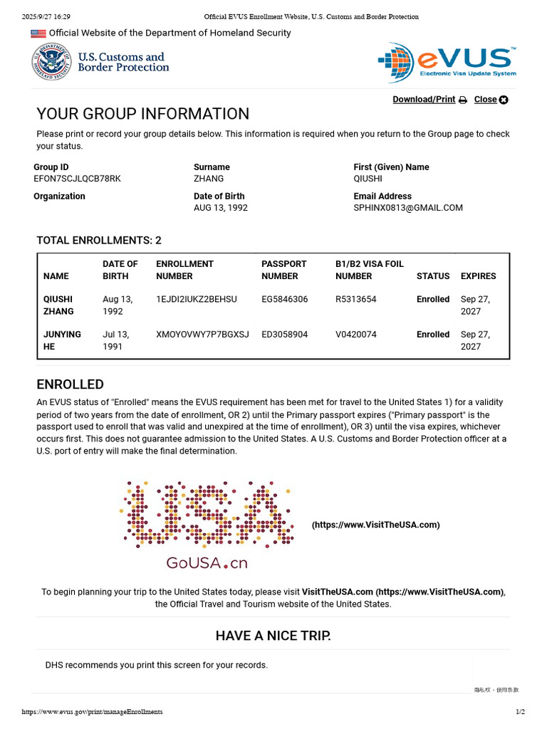 Official EVUS Enrollment Website, U.S. Customs and Border Protection | PDF