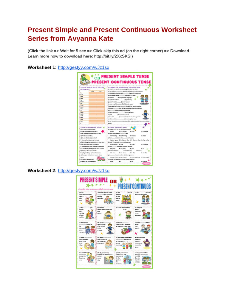 Present Simple and Present Continuous Worksheet Series From Avyanna ...