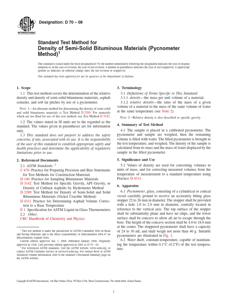 Density of Semi-Solid Bituminous Materials (Pycnometer Method) | PDF