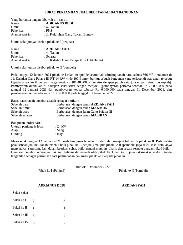 Surat Perjanjian Jual Beli Tanah Dan Bangunan Dedi | PDF