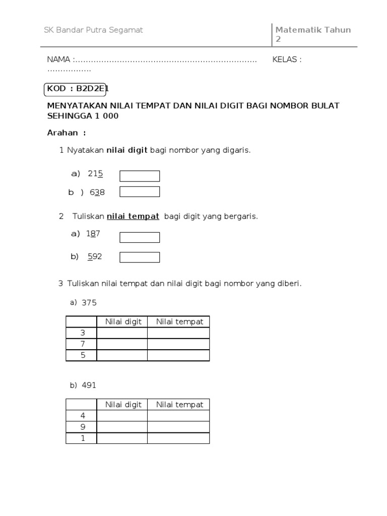 Soalan Kssr Tahun 2 Matematik Pdf