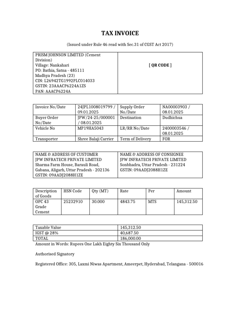 Prism Johnson Invoice Exact Format | PDF