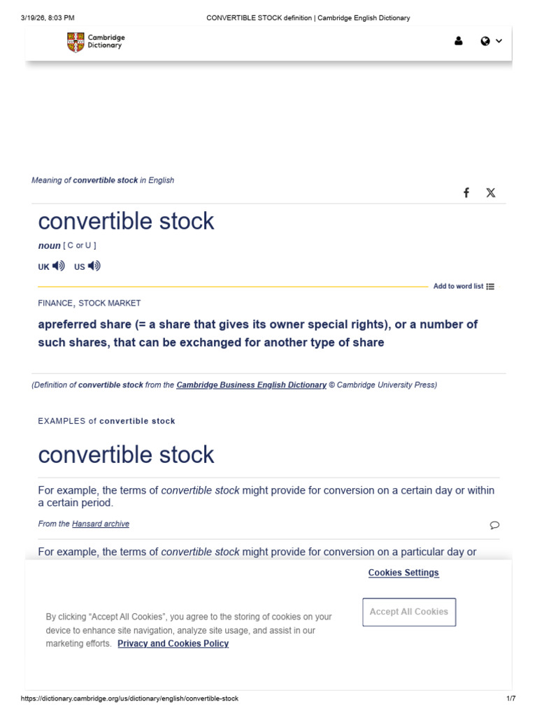 CONVERTIBLE STOCK Definition - Cambridge English Dictionary | PDF