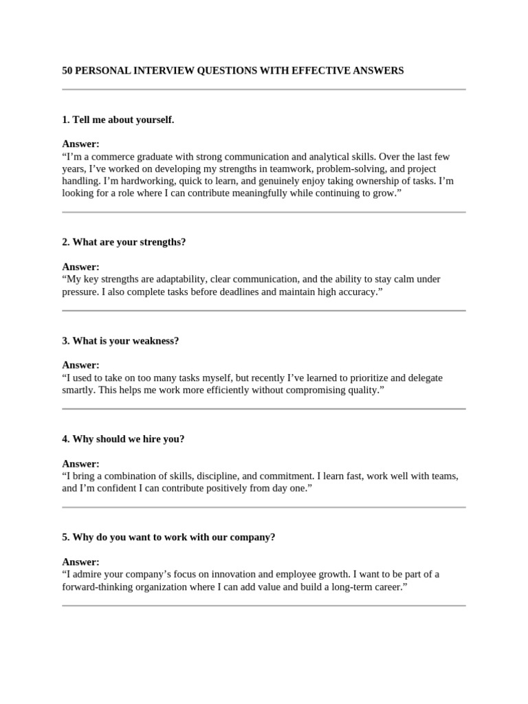 50 Personal Interview Questions With Effective Answers | PDF