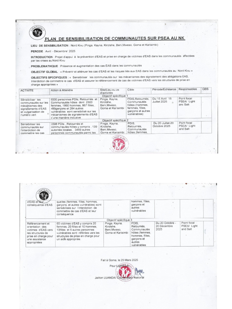 Plan de Sensibilisation Psea | PDF
