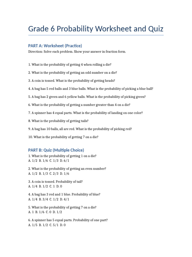 Grade6 Probability Worksheet Quiz | PDF