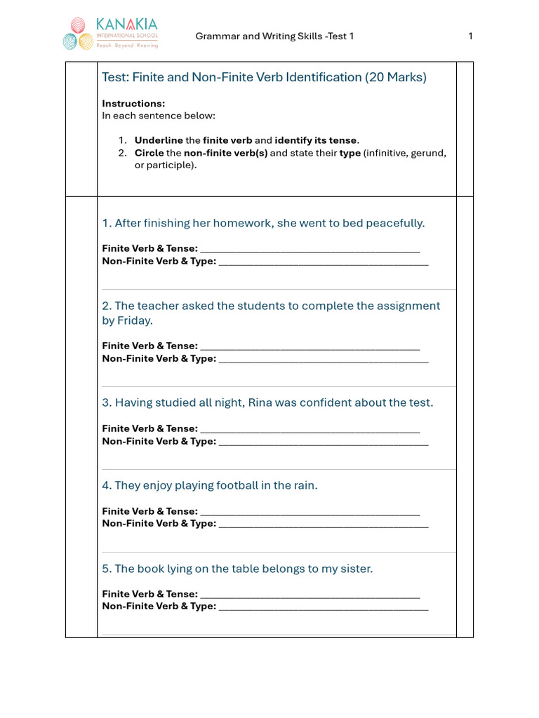 Finite and Non-Finite Verb Identification Worksheet | PDF