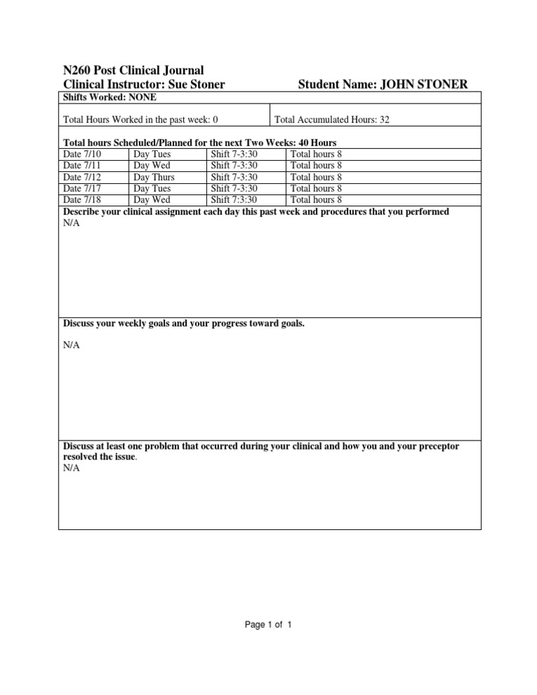 N260 Weekly Clinical Report Sheet | PDF | Self-Improvement | Lifestyle