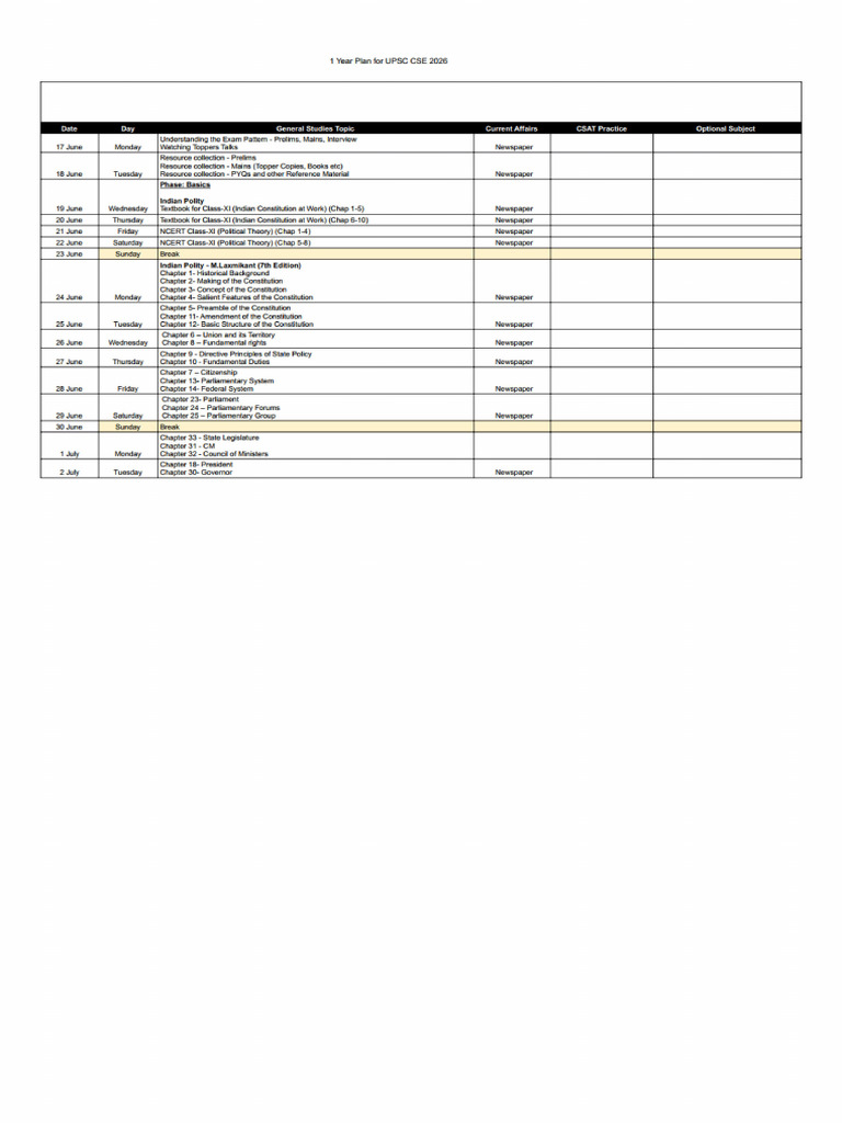 1 Year Plan For UPSC CSE 2025 - UPSCprep - Com - Daily Plan | PDF