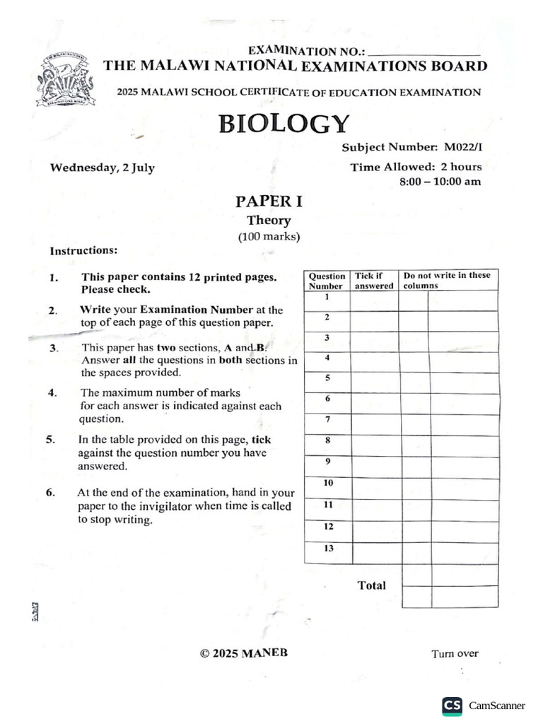 2025 Msce Bio Paper I. | PDF