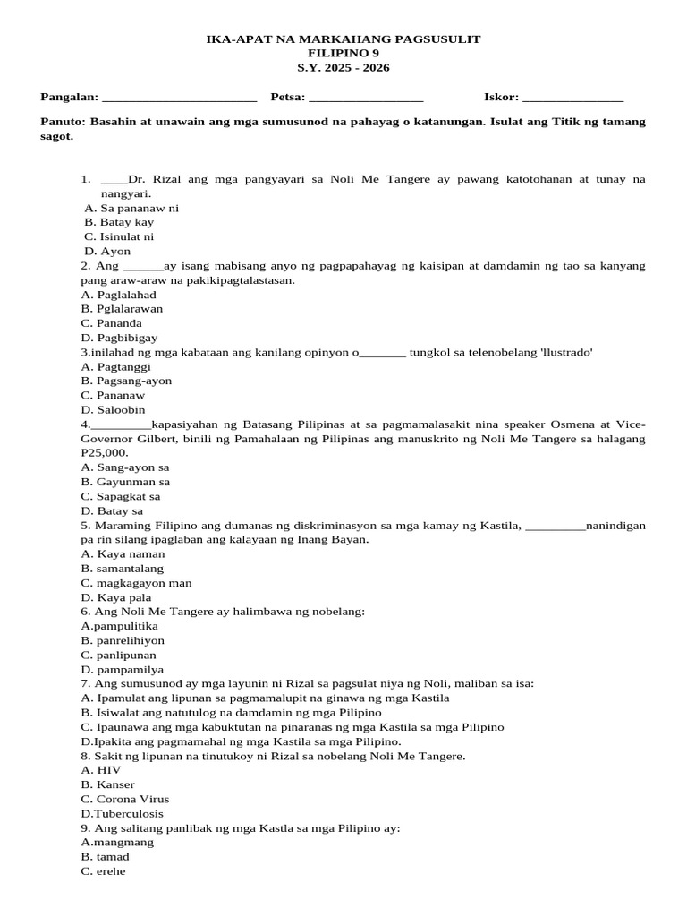 Test Questions Sa Filipino | PDF