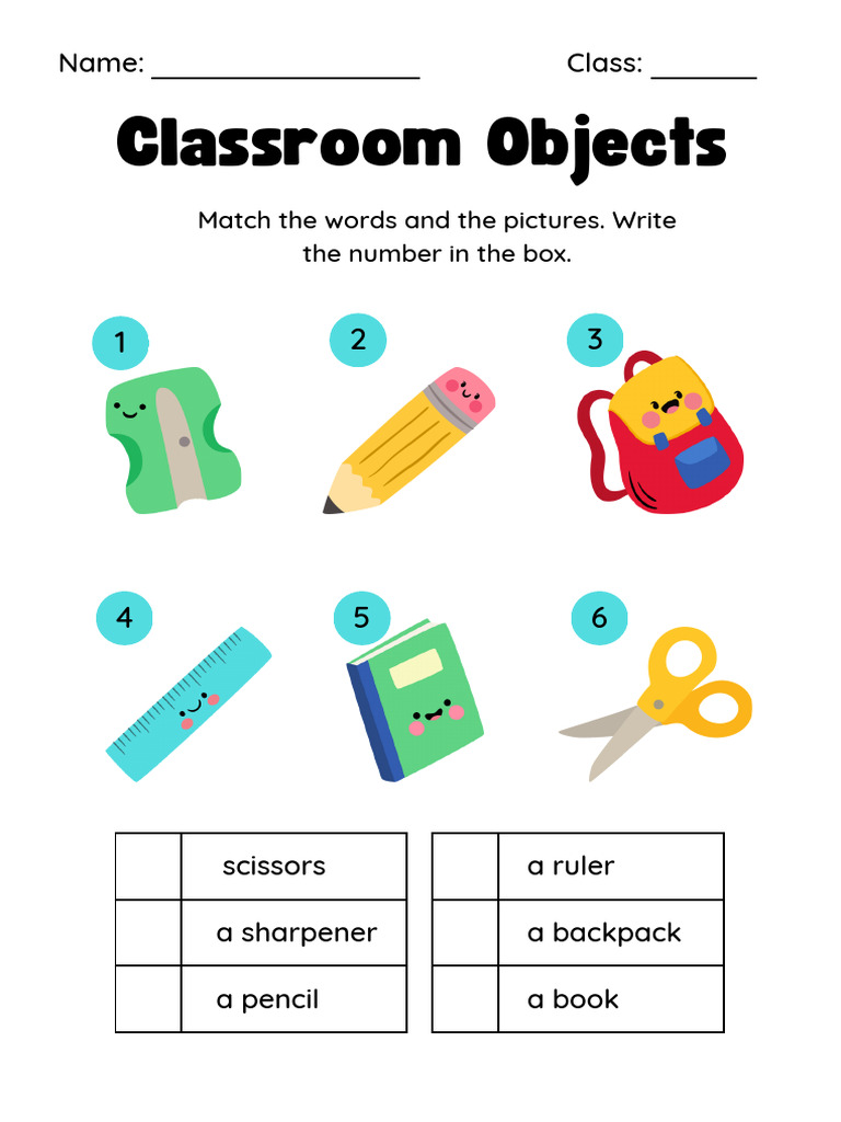 Colourful Playful Classroom Objects Worksheet | PDF