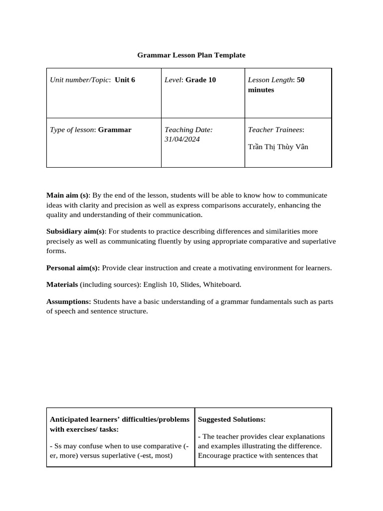 Demo Grammar Lesson Plan Template | PDF