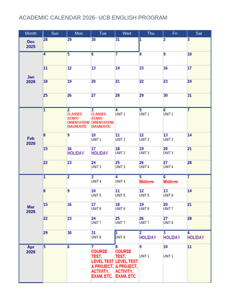 Academic Calendar English Program 1-2026 | PDF